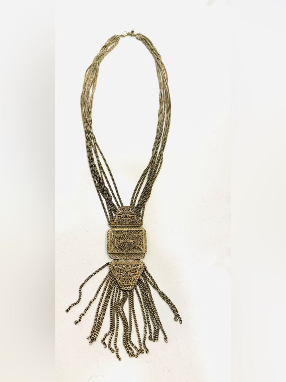 Chunky Boho Gold Tone Multi Strand Filigree Tassel Statement Necklace - Picture 4 of 11
